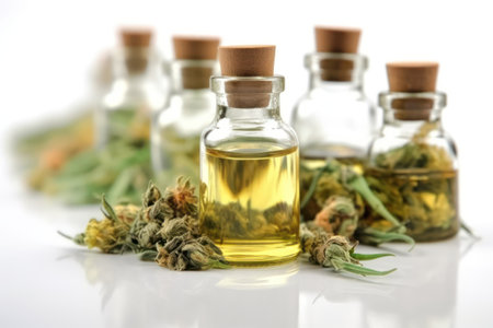 cannabis oil in small bottles isolated on white background, medical marijuana concept, AI Generatedの素材