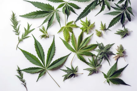 Cannabis leaves on white background. Top view, flat lay, AI Generatedの素材