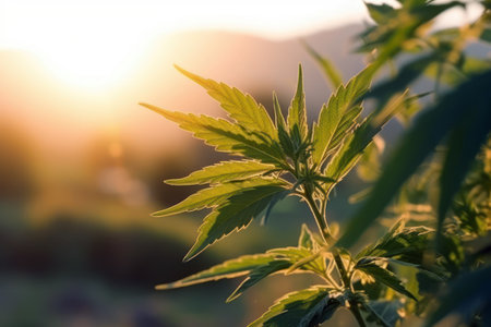 Cannabis leaves at sunset in the field. Nature background. AI Generatedの素材