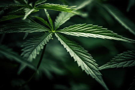 Cannabis sativa background. Green leaves of marijuana close-up. Growing cannabis indica. AI Generatedの素材