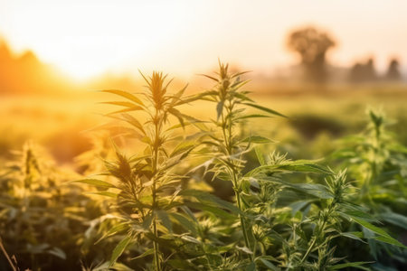 Cannabis plant in the field at sunset. Natural background. AI Generatedの素材