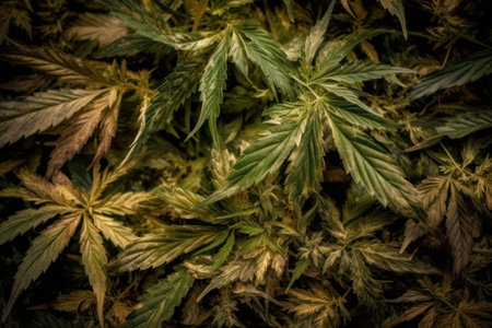 Cannabis Plantation. Thematic photos of hemp and marijuana Green leaf of cannabis. background image. Bright green leaves of marijuana. AI Generatedの素材