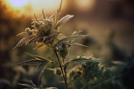 Cannabis plant in the field at sunset. Nature background. AI Generatedの素材