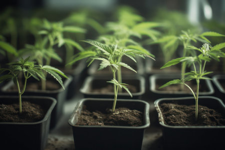 Cannabis seedlings in plastic pots. Growing cannabis indicajuana cultivation. AI Generatedの素材