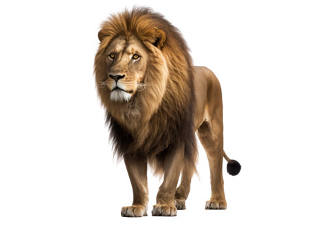 Male lion standing, isolated on white background, side view. Side view. AI Generatedの素材