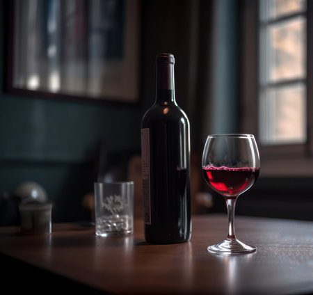 Glass of red wine on a table in a restaurant, selective focus AI Generatedの素材