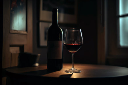 Bottle and glass of red wine on wooden table in dark room AI Generatedの素材