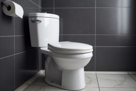 White toilet bowl in a modern bathroom with black tile wall and toilet paper AI Generativeの素材
