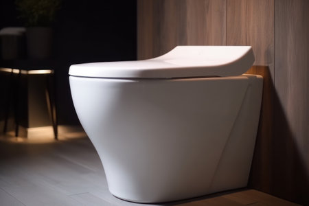 White toilet bowl in modern bathroom interior, close up view. Nobody inside AI Generativeの素材