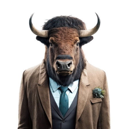 businessman with a bull head on a white background. Isolated AI Generativeの素材