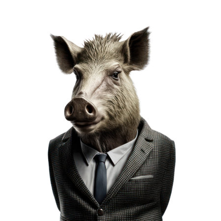 Portrait of a funny pig in a suit and tie on a white background AI Generativeの素材