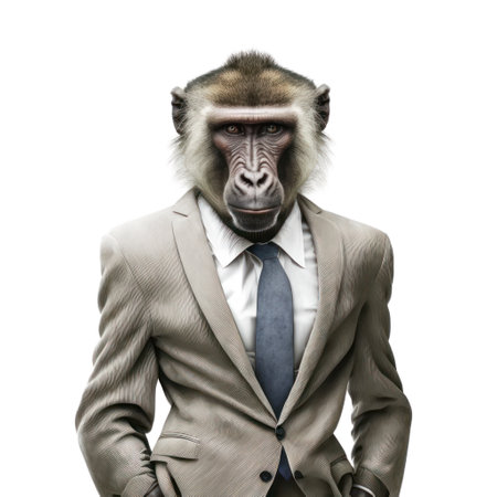 Portrait of a monkey in a suit and tie on a white background AI Generativeの素材