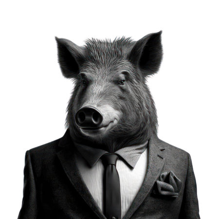 Portrait of a black pig in a suit and tie on a white background AI Generativeの素材