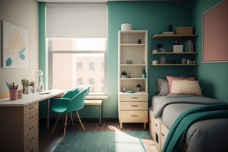 Interior of a children's bedroom with a green bed and a blue chair AI Generativeの素材