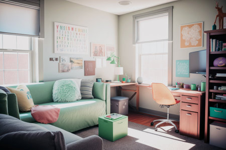 Interior of a children's room with green sofa and orange chair AI Generativeの素材