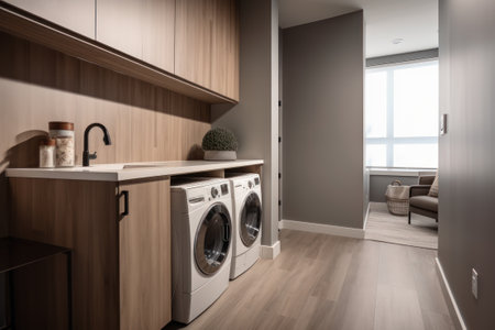 Interior of a modern living room with a laundry and washing machine AI Generativeの素材