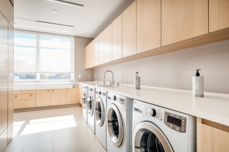 interior of new luxury house, modern laundry room with white furniture AI Generativeの素材