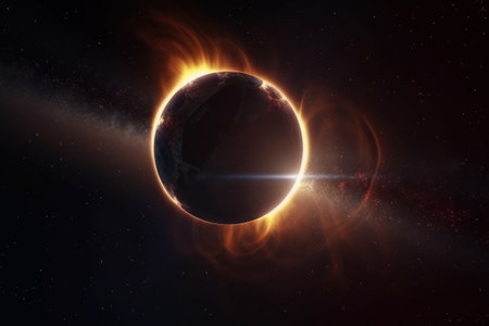 Earth in the solar system. Solar eclipse. 3D rendering. AI Generativeの素材