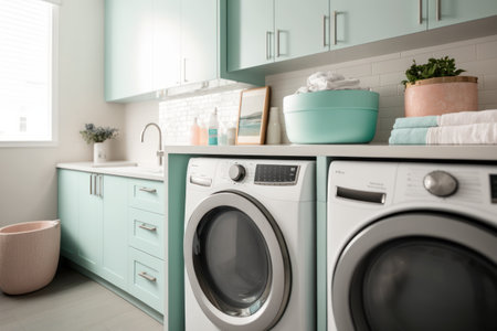 Modern laundry room interior with washing machine and other household appliances, closeup AI Generativeの素材