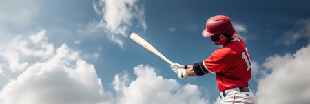 Baseball player in a red uniform on a blue sky background. generative aiの素材