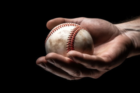Baseball ball in the hands of a man on a black background generative aiの素材