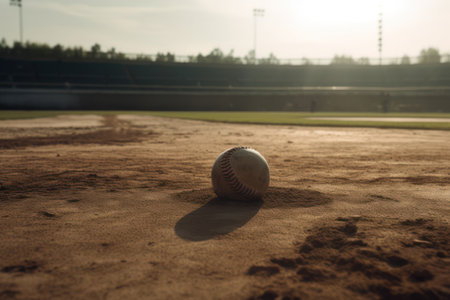 Baseball on the field in the evening, soft focus background. generative aiの素材