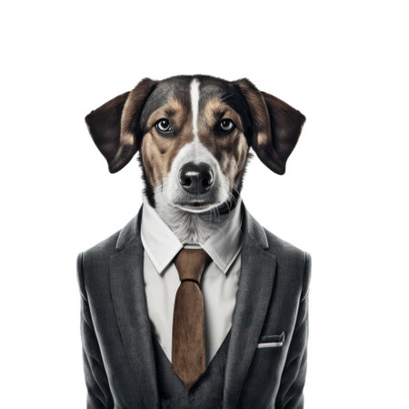 Portrait of a dog in a suit and tie on a white background generative aiの素材