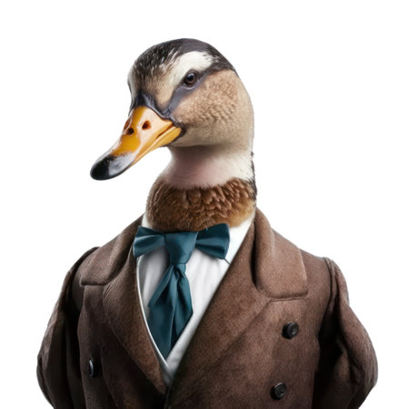 Portrait of a duck in a suit and tie, isolated on white generative aiの素材