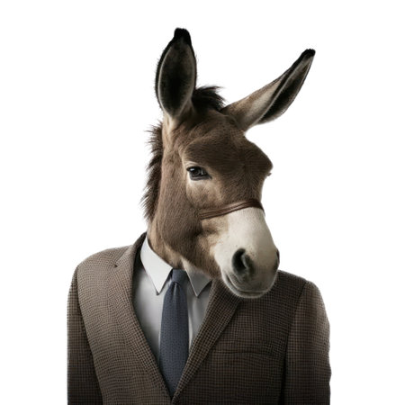 Portrait of a funny donkey in a suit and tie isolated on white background generative aiの素材