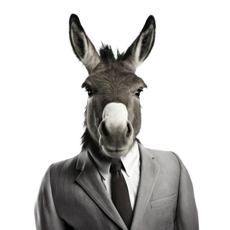 portrait of a funny donkey in a suit on a white background generative aiの素材