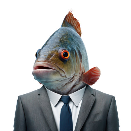 Businessman with a fish instead of head isolated on a white background generative aiの素材