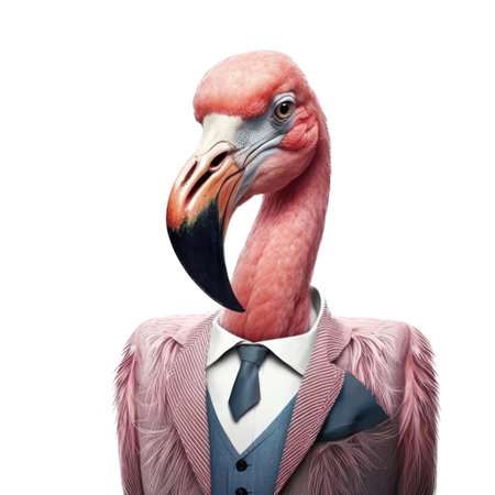 Flamingo in a suit and tie isolated on a white background generative aiの素材