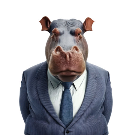 portrait of a funny hippo in a business suit on a white background generative aiの素材
