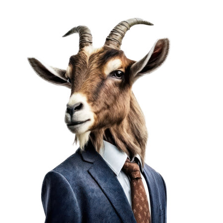 Portrait of a male goat in a business suit. Isolated on white background.の素材