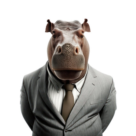Portrait of a hippo in a suit on a white background generative aiの素材