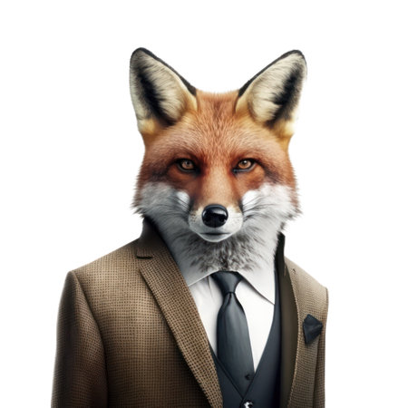 Portrait of a fox in a suit and tie isolated on white background generative aiの素材