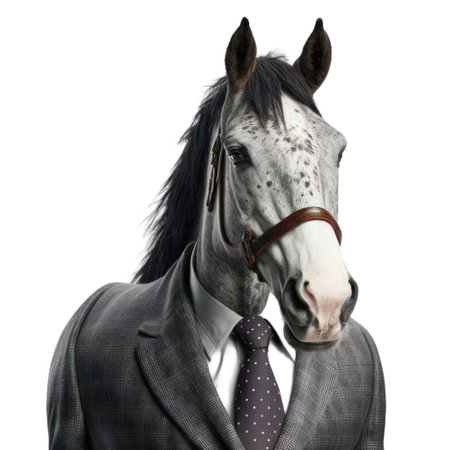 Portrait of a horse in a suit and tie isolated on white generative aiの素材