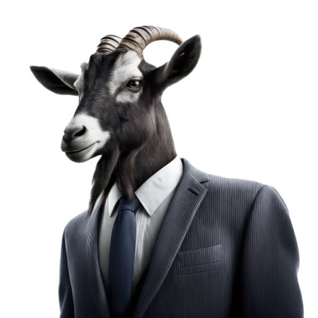 Head of a goat in a suit and tie on a white background generative aiの素材