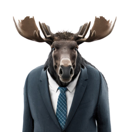 Portrait of a moose in a business suit on a white background generative aiの素材