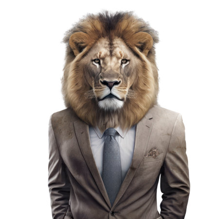Portrait of a lion in a suit and tie isolated on white background generative aiの素材