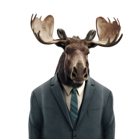 Portrait of a moose in a suit and tie isolated on white background generative aiの素材