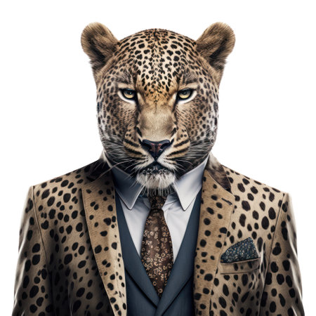Portrait of a leopard in a suit. Isolated on white background. generative aiの素材