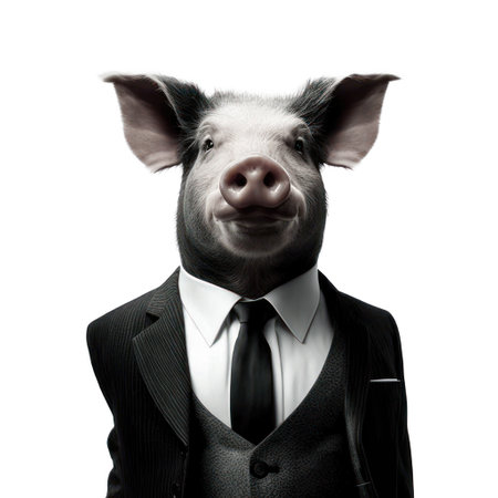 Portrait of a pig in a suit and tie on a white background generative aiの素材