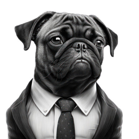 Funny pug dog in a suit and tie isolated on white background generative aiの素材