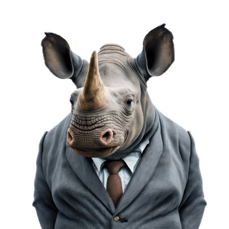 rhinoceros in suit and tie isolated on a white background generative aiの素材