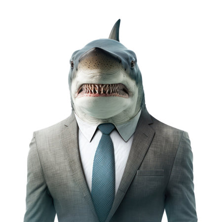 Businessman with shark head isolated on white background. Conceptual image. generative aiの素材