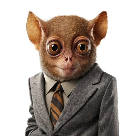 Portrait of a funny little monkey in a suit, isolated on whiteの素材