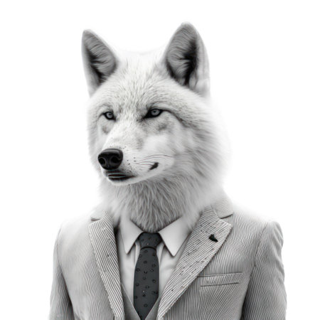 Portrait of a wolf in a suit and tie on a white background generative aiの素材