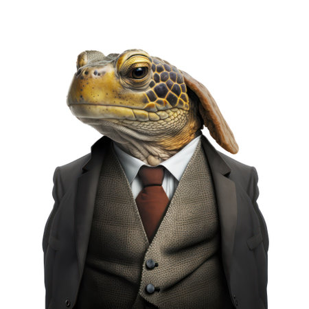Businessman in a turtle suit and tie isolated on a white background generative aiの素材
