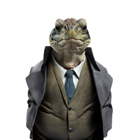Businessman with a green iguana in his jacket and tie, isolated on white generative aiの素材